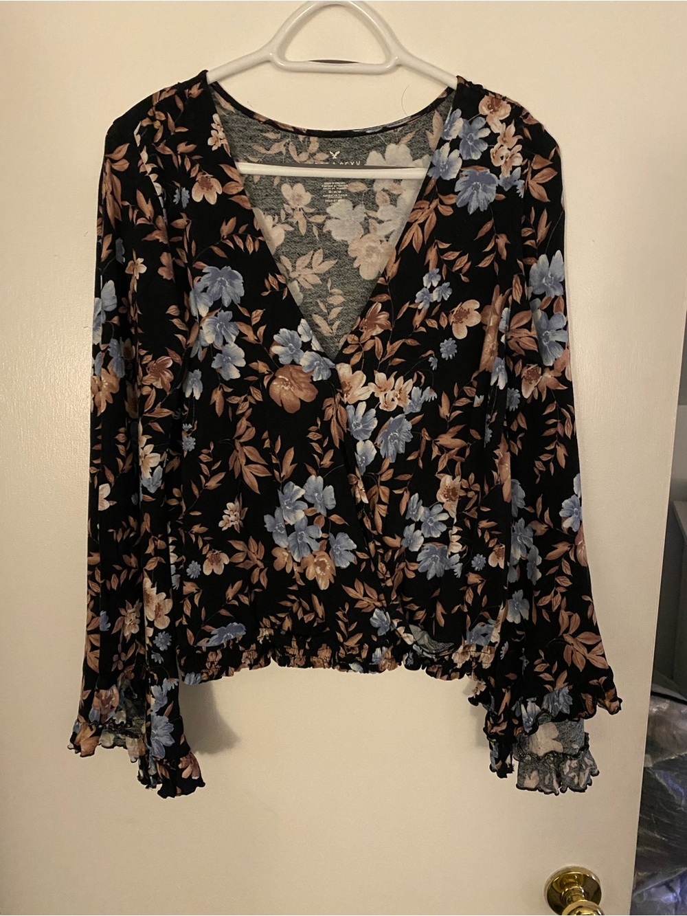 American Eagle Outfitters Black Floral V-Neck Blouse with Blue & Tan Flowers